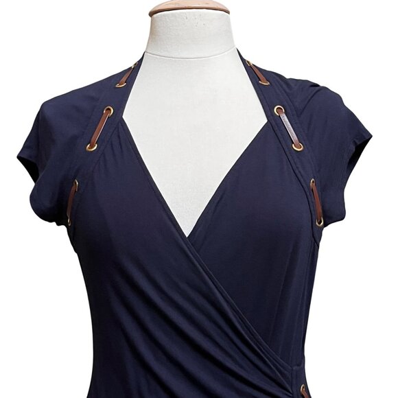 Carmen Navy Blue Faux Wrap Dress‎ Stretch Side V Neck Shirred Grommet Lacing Lg - Picture 6 of 9